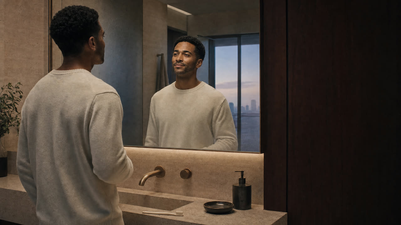 A pleased person looks at their reflection beside a morning brief listing Flight Delay, Pickup Updated, and First Meeting; their toothbrush rests beside the sink